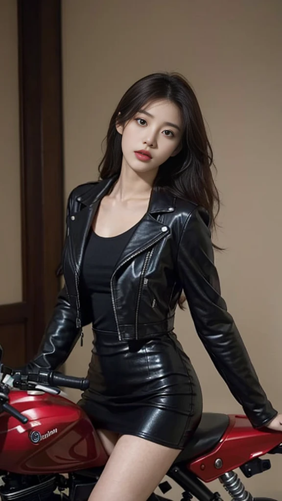 araffe woman in black tight leather dress sitting on a red motorcycle, korean women's fashion model, korean girl, leather seductive clothes, by Yang J, dressed in biker tiny leather, she wears leather long jacket, leather tight clothing, leather, black leather slim clothes, beautiful south korean woman, wearing leather jacket, dressed in short leather jacket, korean woman, gorgeous young korean woman