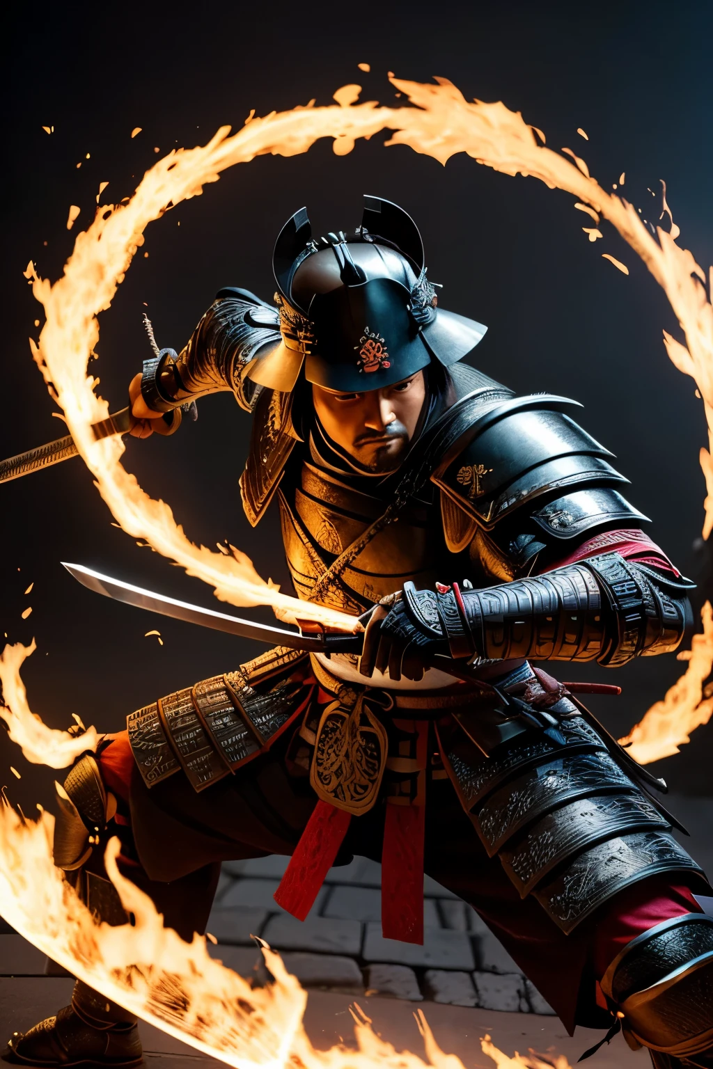 A 35-year-old samurai clad in an impeccably polished black armor, he wields a gleaming sword with precision. The backdrop is a fiery tableau of an ancient Japanese city, its flames casting dancing reflections upon the samurai's brilliant armor, intertwined with the silvery glow of the moon.
This captivating scene is a meticulously crafted portrait, not just of a samurai, but of an era, photographed by the masterful hand of a skilled photographer using a Canon EOS R5 with a 50mm Lens, F/2.8 settings. The image is remarkably detailed,