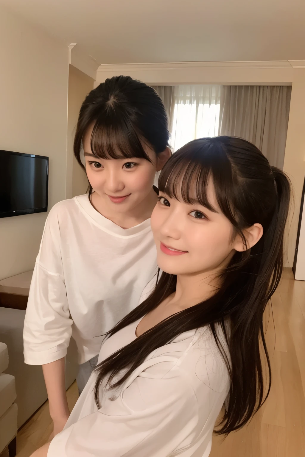 Two girls in a hotel room,Clothes for girls in their 20s,18-year-old,bangs,smile,Shortcuts,Low Ponytail,From below,Front light,