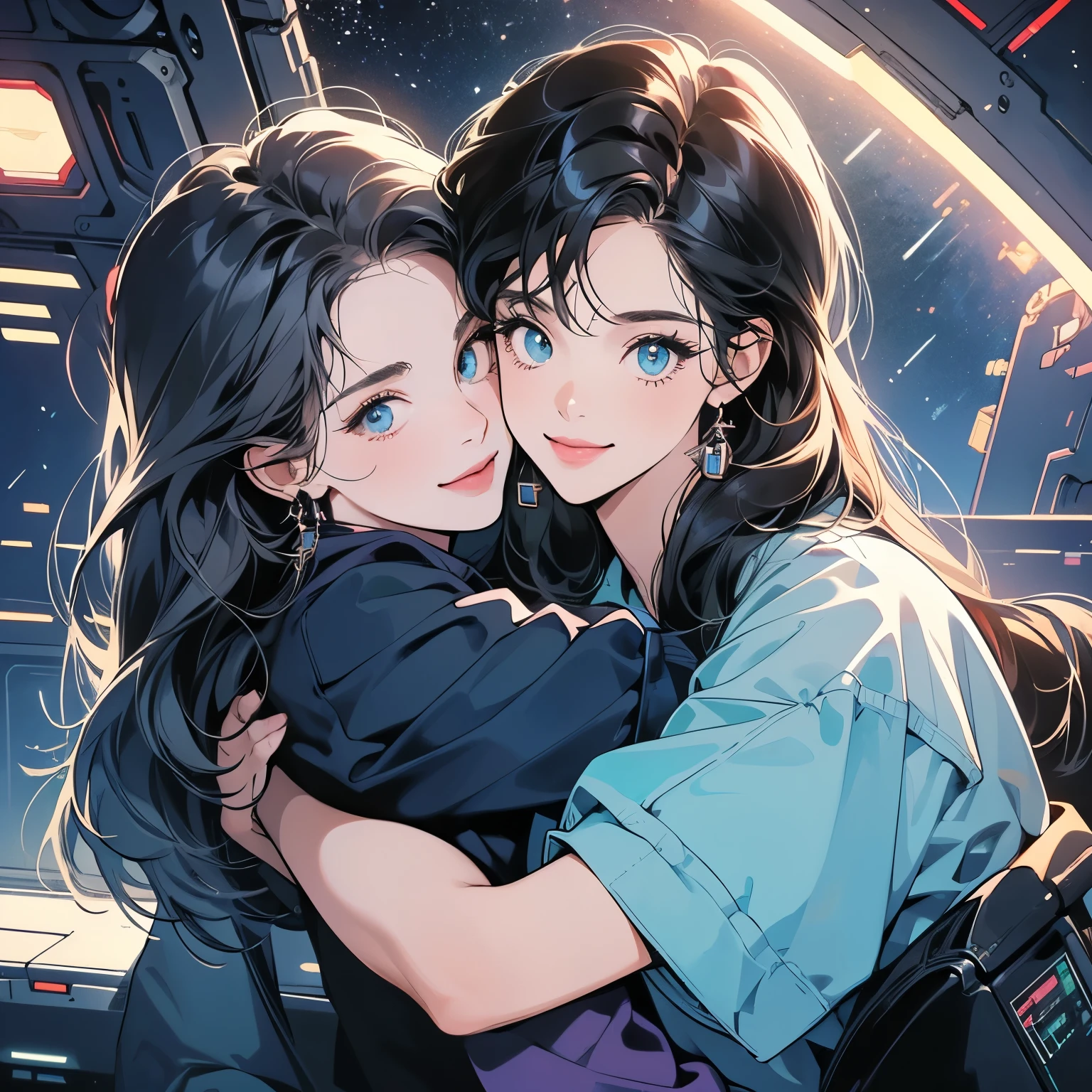 (((beautiful "Two women" leaning against each other))), inside a spaceship, perfect machine, perfect face, zero gravity, outer space, lots of wires, switchboard, perfect and detailed machine, detailed hair, (((Various angles))), most beautiful woman, (((head shot))) , Super detailed background, top quality,Various unique hairstyles, Ghost in the Shell, Outer space in the background, Unique and perfect face, Pale Lighting, (((Various eye colors))),(((hug from behind)), smile