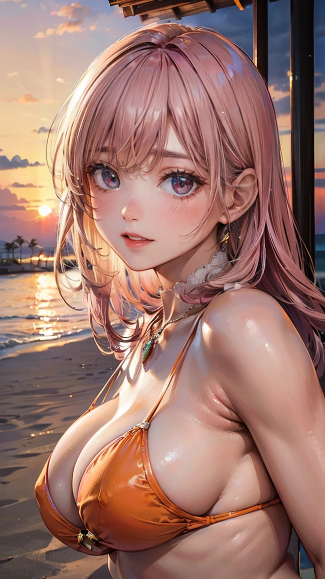 (Masterpiece, BestQuality:1.3), (ultra detailed:1.2), (hyperrealistic:1.3), (RAW photo:1.2), High detail RAW color photo, professional photograph, (Photorealistic:1.4), (realistic:1.4), professional lighting, perfect anatomy, (Big Breasts:1.2), (blush, detailed face), (cheerful Smile:1.5), Trending Hair&Trending Hairカラーをランダムに, earrings, necklace, bracelet, sexy, erotic sexy, Random sexy gravure poses, (A pink-haired beauty wearing an orange bikini、Smiling and posing sexy on summer sunset beach。:1.3)