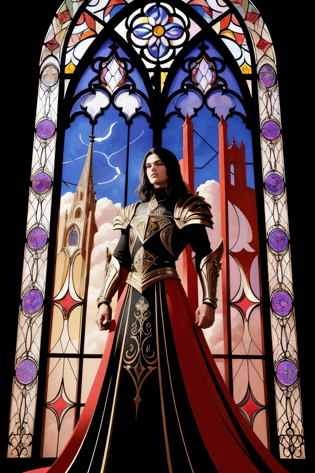 deep and vibrant reds, creating a luxurious and sophisticated visual effect.
visualization:
Highlighted Elements in Painting:
Saint George:
Dressed in armor detailed with geometric patterns.
Heroic and elongated pose, maintaining the vertical and imposing posture of the Gothic style.
Dragon:
Stylized shapes and geometric patterns on the scales.
vibrant and contrasting colors, typical of Art Deco.
scenario:
Gothic cathedral in the background with stained glass windows.
Sky and clouds stylized with geometric shapes.
ornamentation:
Detailed frame with floral and geometric patterns.
Use of rich, metallic colors to create a luxurious effect.