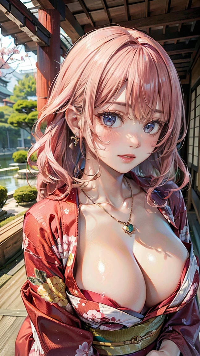 (Masterpiece, BestQuality:1.3), (ultra detailed:1.2), (hyperrealistic:1.3), (RAW photo:1.2), High detail RAW color photo, professional photograph, (Photorealistic:1.4), (realistic:1.4), professional lighting, perfect anatomy, (Big Breasts:1.2), (blush, detailed face), (cheerful Smile:1.5), Trending Hair&Trending Hairカラーをランダムに, earrings, necklace, bracelet, sexy, erotic sexy, Random sexy gravure poses, (A beautiful woman with pink hair wearing a red kimono、Smiling and posing sexy in a Japanese garden in spring。:1.3)