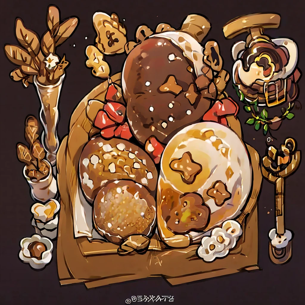 cute artstyle, brown bakery, milky, brown bread, bakery shop, theme, bread & cookies, white bread, paper bag filled with lots of bread , food menu list