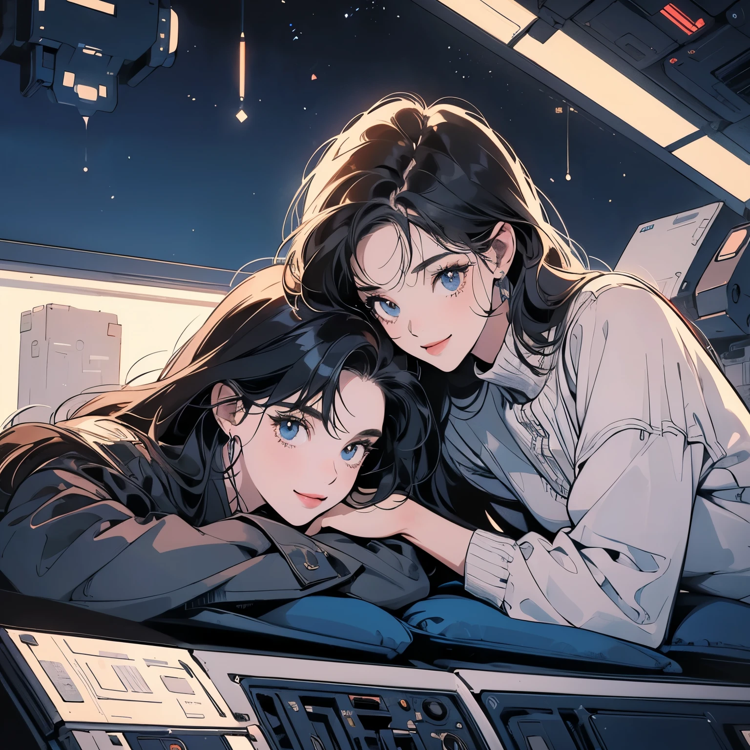 (((beautiful "Two women" leaning against each other))), inside a spaceship, perfect machine, perfect face, zero gravity, outer space, lots of wires, switchboard, perfect and detailed machine, detailed hair, (((Various angles))), most beautiful woman, (((head shot))) , Super detailed background, top quality,Various unique hairstyles, Ghost in the Shell, gradient eyes, Outer space in the background, Unique and perfect face, Pale Lighting,(((lying)),smile