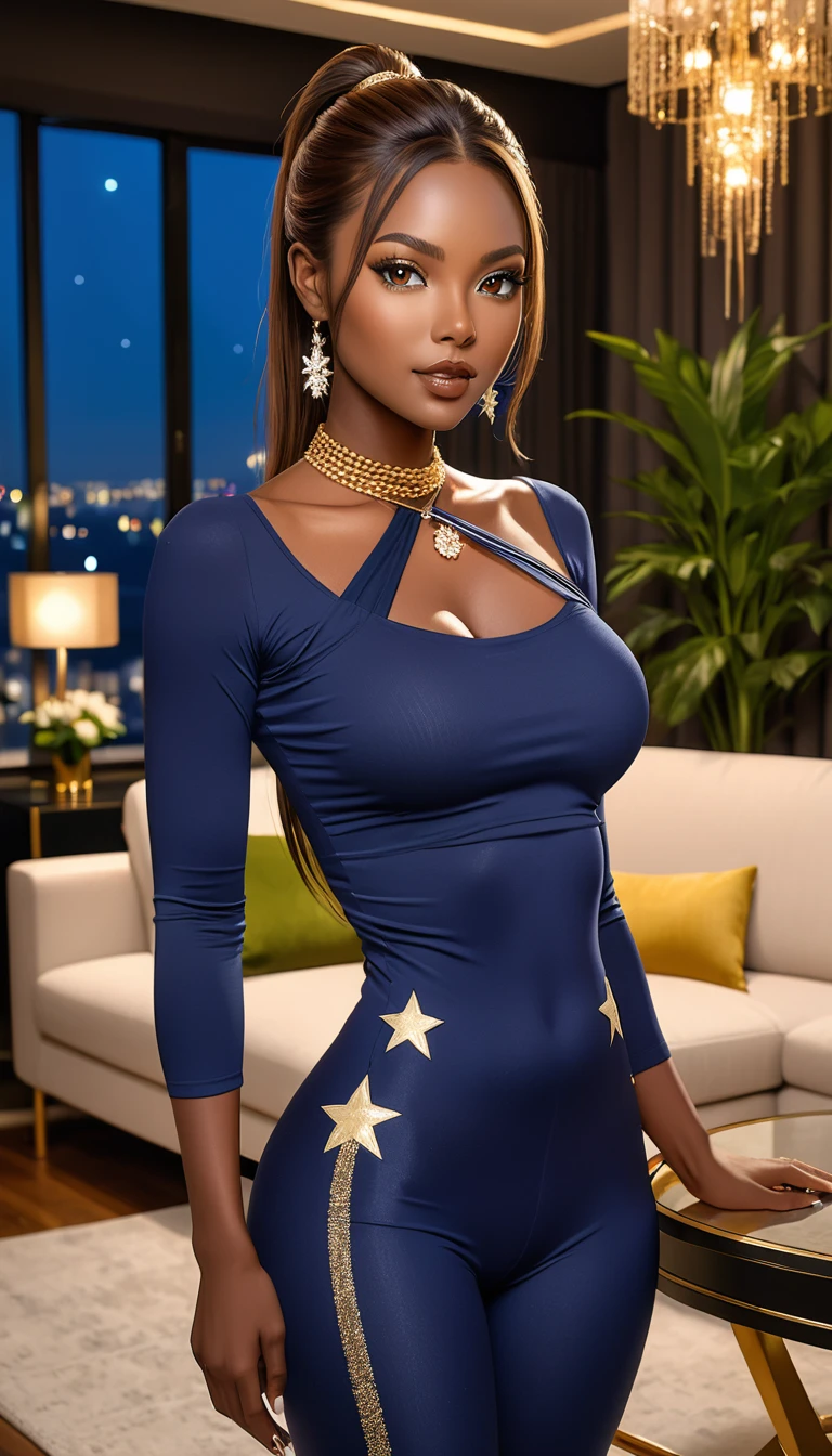 Beautiful woman with mid straight ponytail brown hair with brown eyes wearing a Blue Tight Leggings With White Stars, a Green and Yellow Sexy Criss Cross Mock Neck Mid Sleeves Blouse, luxurious jewelry and a luxurious necklace, 18k gold wedding ring on left hand, standing in a living room at night, (ebony skin), (light brown lipstick), (elegant mascara), (slim body with abs), (small breasts), (wide hips), midjourney, <lora:GoodHands-, <lora:GoodLegs-, UHD, high resolution, (masterpiece:1.1, best quality), (expressive eyes, perfect face, full body, expressive face, perfect body, perfect pussy, athletic, fit, slim body, blushing, Perfect makeup, eyeliner, beautiful eyelashes, smiling, horny face), ((best illumination, best shadows))