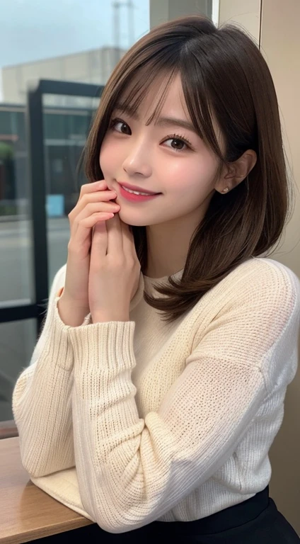 In detail, High resolution, high quality、Perfect dynamic composition, Beautiful attention to detail, Medium Hair, 、Natural color lip,Kamimei、Shibuya Ward、university student、1 person、Clear Skin、Shiny Hair、Tabletop, 最high quality, figure, Ultra-detailed details, High resolution, 8K,sweater(light brown)And a long skirt(black),Rest your chin on your hands,Anatomically correct,cute,Perfect and beautiful hands,Photograph the whole body,High heels、Very fine eye,smile