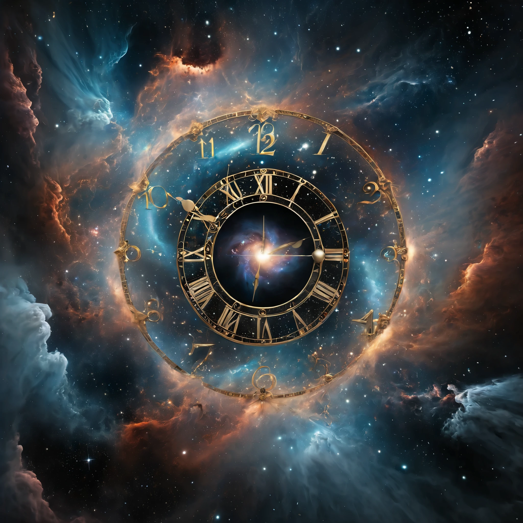 A breathtaking, high-resolution digital artwork depicting a vast, galactic clock face, with stars and nebulae as its numerals and a massive, central black hole as its center. The image conveys the immense scale of cosmic time.