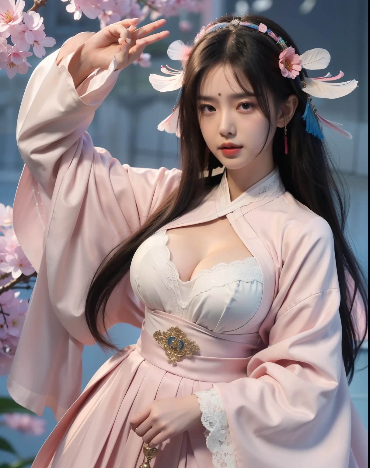 (8k, RAW photo:1.2), best quality, ultra high res,dramatic angle,(fluttered detailed color splashs), (illustration),(((1 girl))),(long hair),(rain:0.9), (Headdress:1.4),There is an ancient palace beside the girl,Hanfu,(Key Points),Color ink painting,(Splash of Color),Splash of Color,(((colorful))),(sketch:0.8) , Masterpiece, best quality, beautiful painted, highly detailed,(denoising:0.6),[splash ink],((ink refraction)), (beautiful detailed sky),moon,highly,detaild,(masterpiece, best quality, extremely detailed） CG Unity 8k Wallpaper，masterpiece，best quality，Ultra Detailed），（Lycoris）. hanfu open v   open V-chested clothes Thin silk lace dress , (huge ，cleavage),, white pink, blue ，best qualtiy，tmasterpiece，Ultra-high resolution，（Reality：1.4），RAW photogr，（True skin texture：1.3），（filmgrain：1.3），（Selfie angle），1个Giant Breast Girl，Beautiful eye and face details，tmasterpiece，Best quality at best，，The chest more exposed， detailed hair, bra pink , detail 8k, full body, lace petticoat, fan handle
