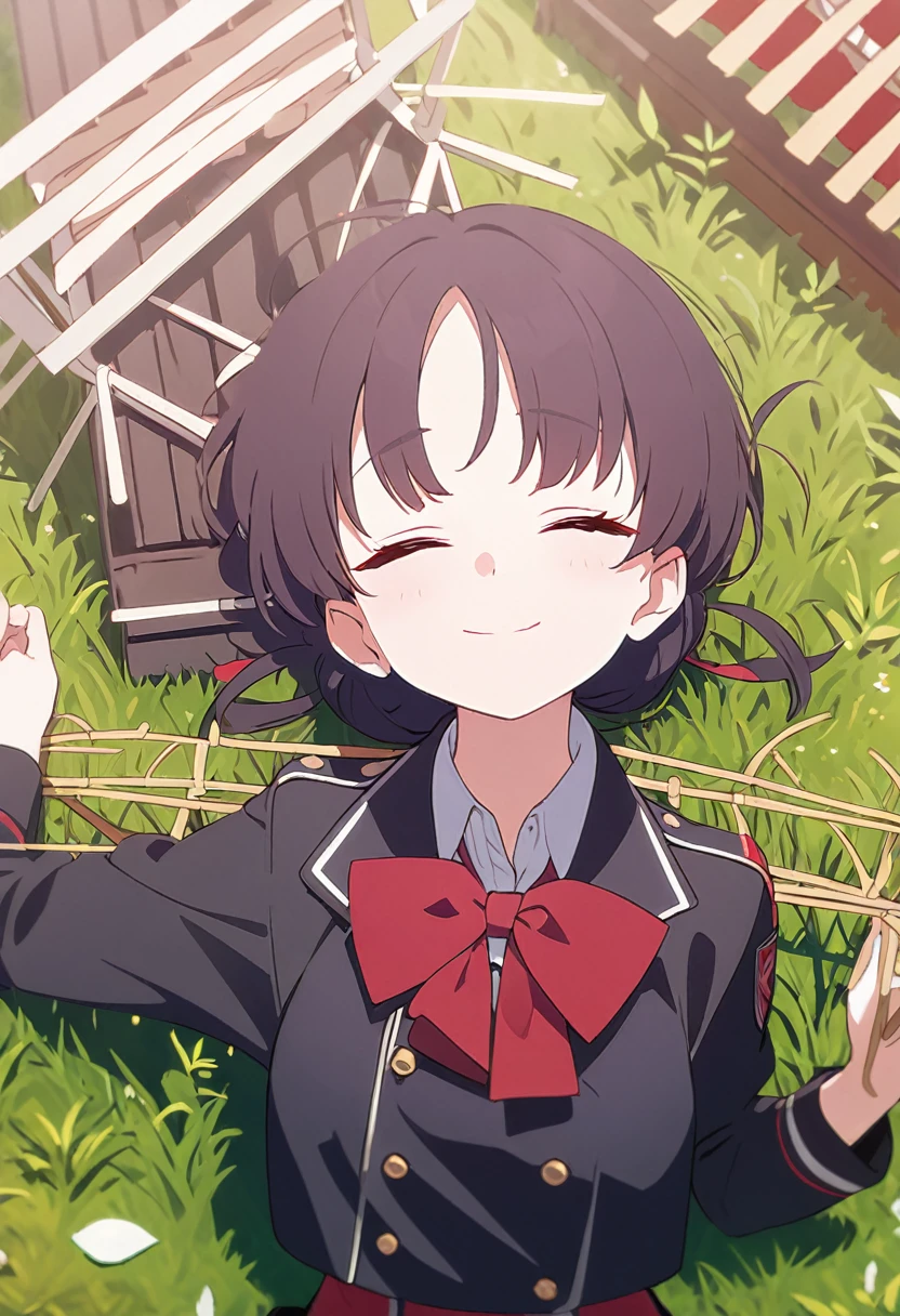 masterpiece, best quality, Fermonica, Hair Bun, Weaving, Red bow tie, Black jacket, Black skirt, Red pantyhose, Upper Body, from above, Supine, Grass, Looking at the audience, tired, Smile, garden