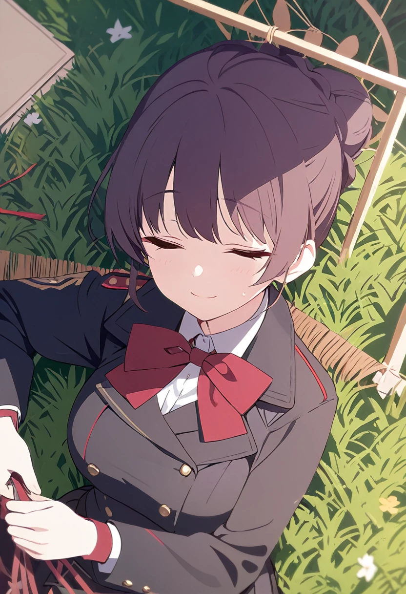 masterpiece, best quality, Fermonica, Hair Bun, Weaving, Red bow tie, Black jacket, Black skirt, Red pantyhose, Upper Body, from above, Supine, Grass, Looking at the audience, tired, Smile, garden