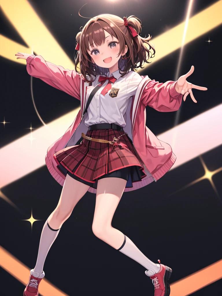One Girl、Idol、Singing on stage、Bouncy hair、Medium Hair、Brown Hair、Red ribbon、White shirt、Asymmetrical, flashy jacket、Long sleeve、Checked shorts、Red Belt、asymmetrical socks、Long socks with star-shaped mark、Fluttering waist ornament、Colorful spotlights、laughing、Sweat、
