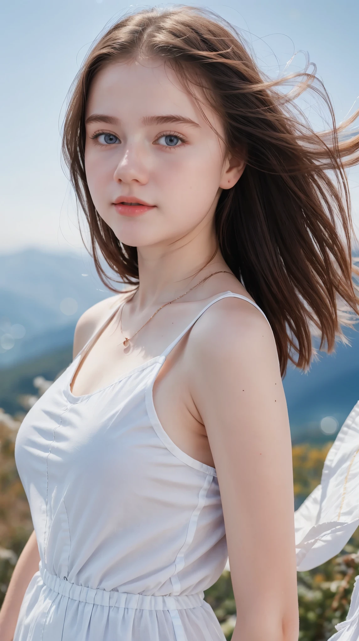 1 Girl, Beautiful, Russian Baby Face, ************, White Skin, White Slip Dress Outfit, Top of The Mountain Background, ((wind:1.3)), Front Facing, Perfect Portrait, ((bokeh:1.3)), Perfect Body Anatomy, ((adorable:1.1)), ((masterpiece:1.1)), ((bluesky:1.1))