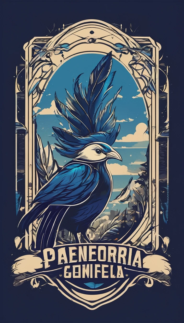 Create a minimalistic, simple, fantastic, easy to understand, logo design of a boy and a feather for an upcoming Role Playing Game called " Penamemoria". The game is about a world of bird and feathers and the inspirational, creative journey of a boy and his acoustic guitar. A boy enters that world and discovers his true artistic identity. Create a logo design that transmits the essence of this videogame and this world. It´s a fantasy game, with fantasy elements. Create the logo in the center and a fantasy theme as background. Use the colours blue, white, light golden in the logo.