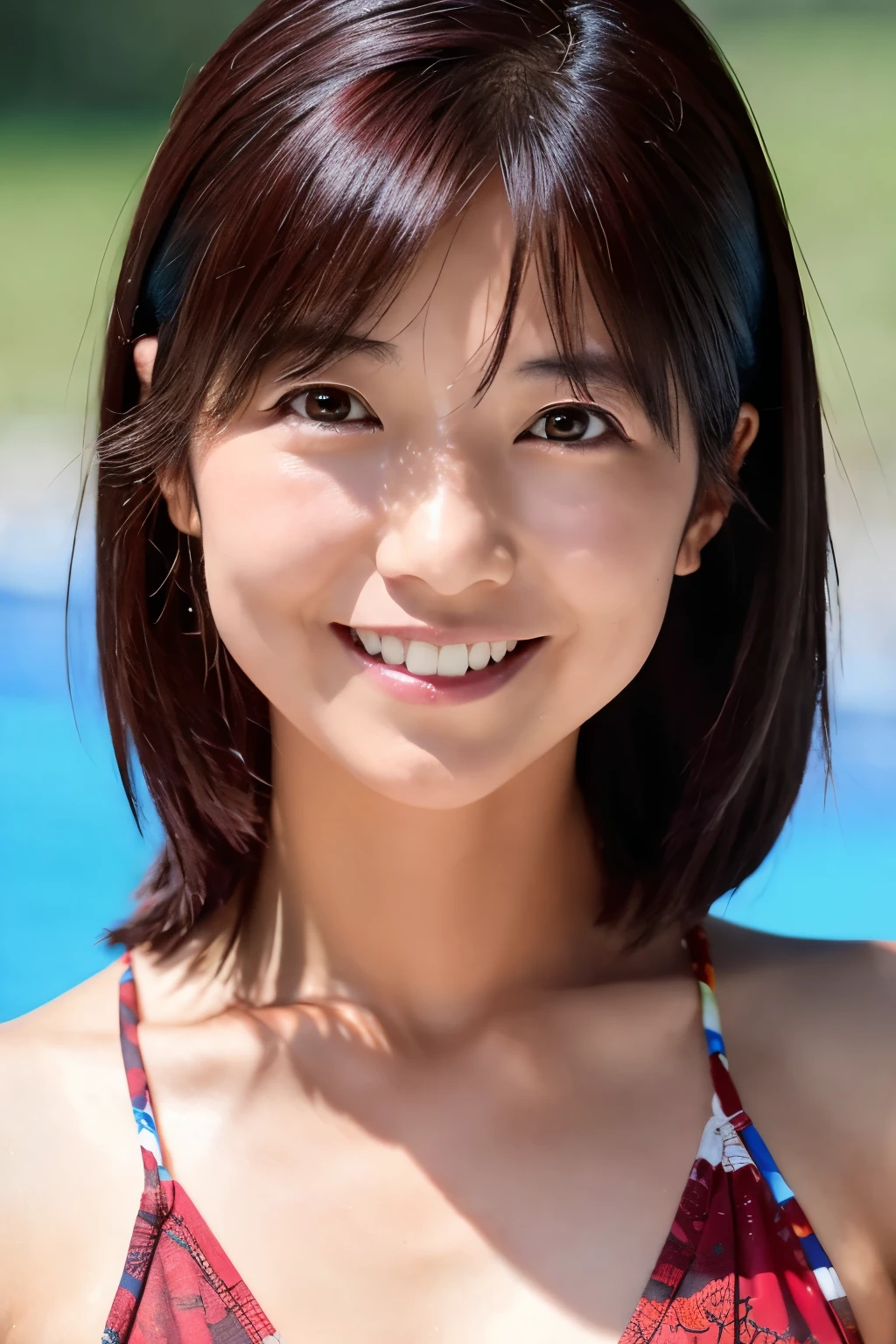 Skinny Japanese woman, age {30s|20s}, (detailed face), slight smile, (detailed eyes), {long|short} hair, slender shape, {red|blue} bikini, standing by a poolside, Enhance quality, quality maintains, real professional photograph, award-winning portrait, masterpiece, 16K UHD, high detail full-body view