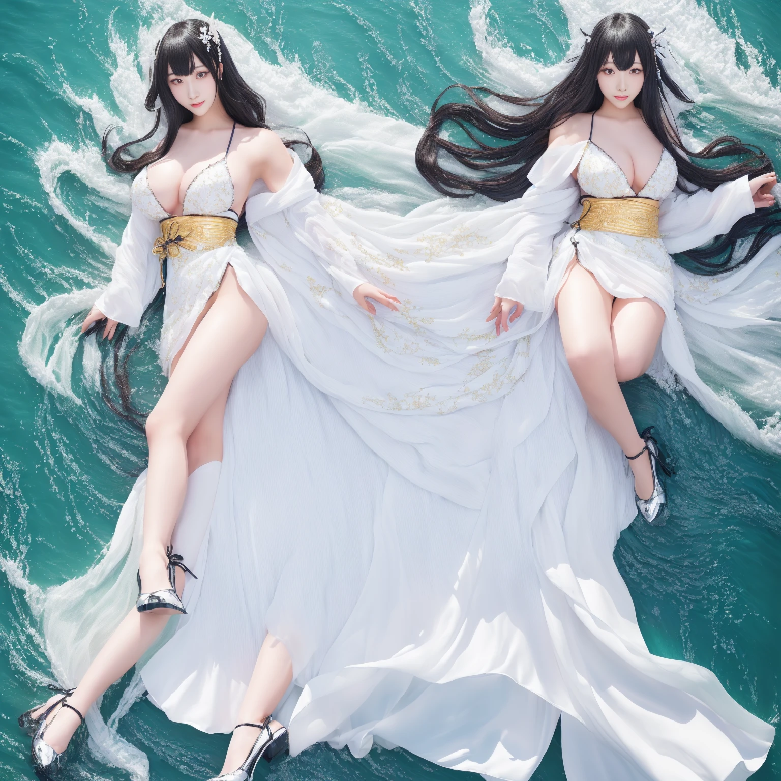 beautiful clear face(Rain waves_haneame:1.5),Anime girl wearing white dress,Long hair and black shoes, flowing white robe, top rated on PIXIV, Anime Goddess, by Shitao, flowing hair and gown, Guvez, author:Golden Flame, Onmyoji, PIXIV daily ranking, at PIXIV, From Arknights, PIXIV contest winner, PIXIV, PIXIV style