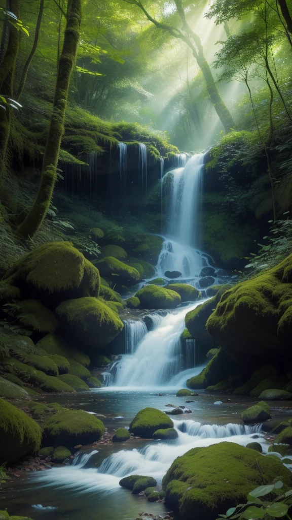 (best quality,4k,8k,highres,masterpiece:1.2),ultra-detailed,(realistic,photorealistic,photo-realistic:1.37),enchanted forest,serene stream,natural beauty,sunlight filtering through the treetops,tranquil atmosphere,fairies dancing in the glimmers of light,mystical creatures camouflaged among the foliage,lush greenery flourishing in every corner,peaceful sounds of birds chirping and water flowing,whispering leaves rustling in the gentle breeze,delicate wildflowers blooming along the stream,butterflies fluttering their vibrant wings,light beams creating a captivating play of shadows,colorful moss-covered rocks by the stream,tall majestic trees reaching towards the sky,canopy of leaves providing a soothing shade,clear water reflecting the beauty of nature,sun rays illuminating the forest floor with a magical glow