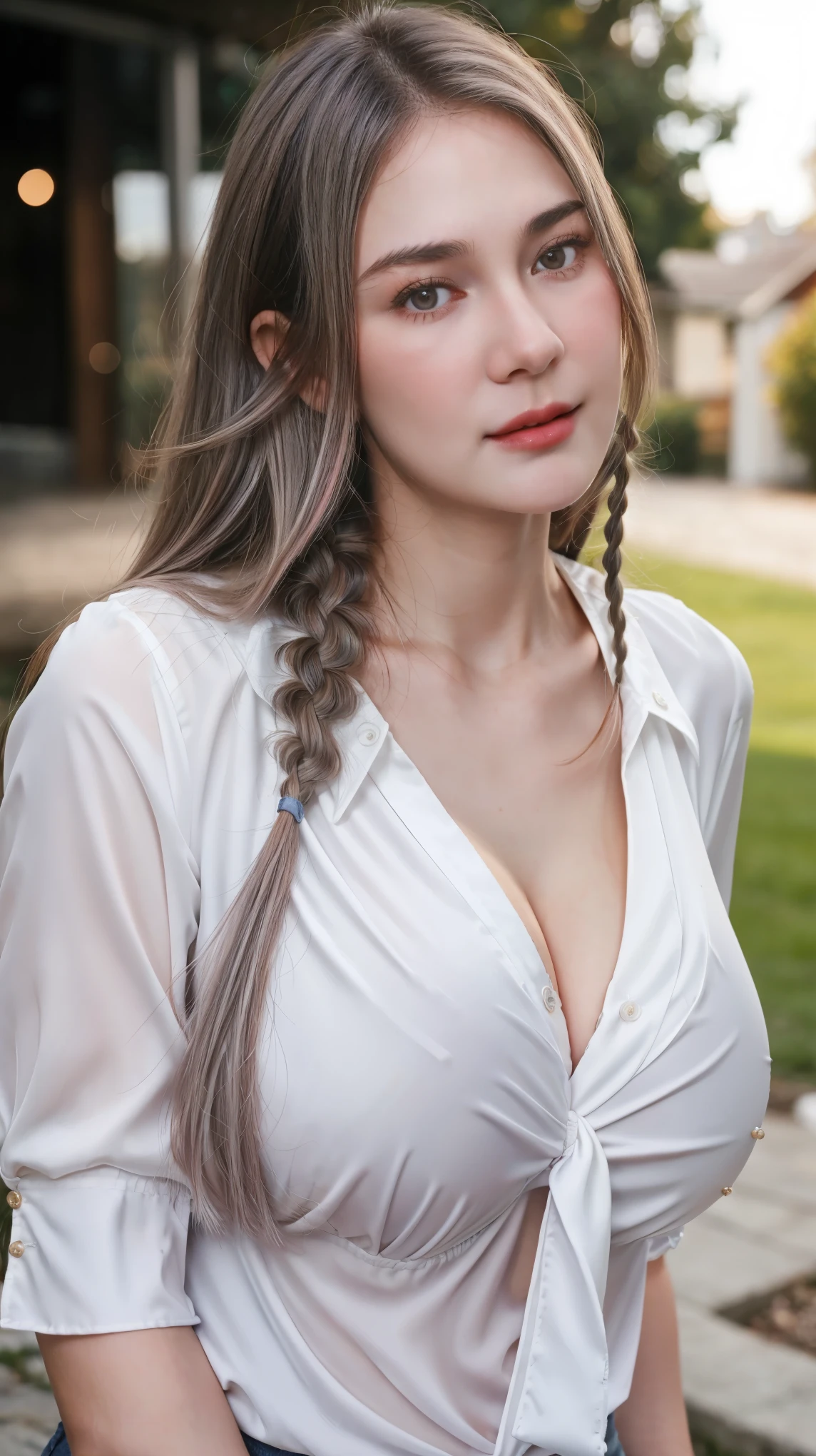 1 Girl, Beautiful, Baby Face, 20 Years Old, White Skin, Pose, Ultra Large Breast, Cleavage, (The Front of The Blouse is Open:1.3), Grey Eye, Muscles:1.3, Outdoor, Bokeh:1.1, Drill Hair, Tied Hair, ((Coloured Hair)), Open Mouth