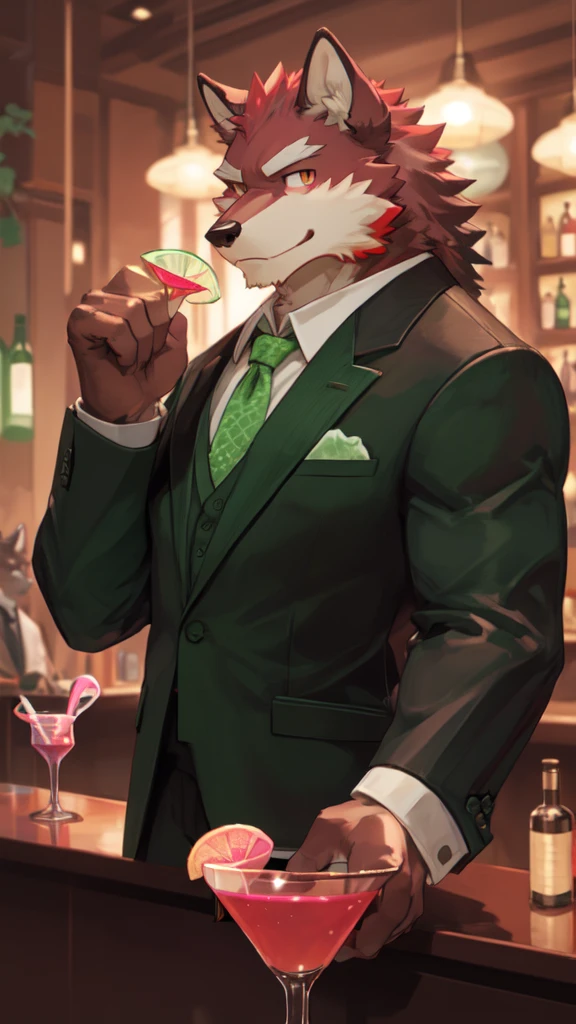 Best quality, diederich olsen (/knights college/), wolf, kemono, nj5furry, Red Fur, Red eyes, Medium Muscular Body, Solo, A charming bartender, elegant Pose, suit, Fierce eyes, Smille, a dimly lit bar, (meticulously garnishing a Cosmopolitan cocktail with lime and mint:1.5), behind the counter, full body