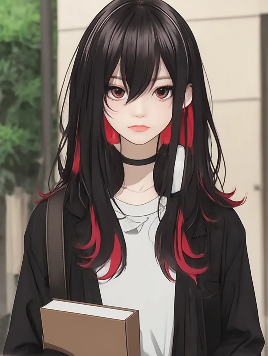 Tokyo Revengers screenshot. 16 year old girl, long straight black hair with red and white highlights and bangs. White skin color, She has red eyes and has a serious expression, while she held a book in her hand. She is dressed in a black trench and baggy jeans, and she is wearing headphones. She is standing in an alley at day. Tokyo Revengers drawing style.