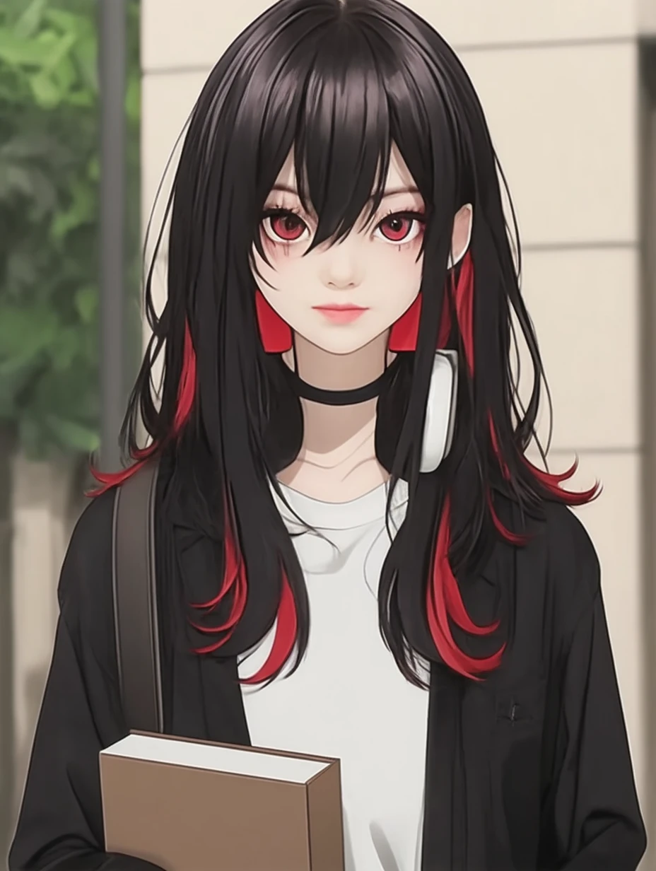 Tokyo Revengers screenshot. 16 year old girl, long straight black hair with red and white highlights and bangs. White skin color, She has red eyes and has a serious expression, while she held a book in her hand. She is dressed in a black trench and baggy jeans, and she is wearing headphones. She is standing in an alley at day. Tokyo Revengers drawing style.