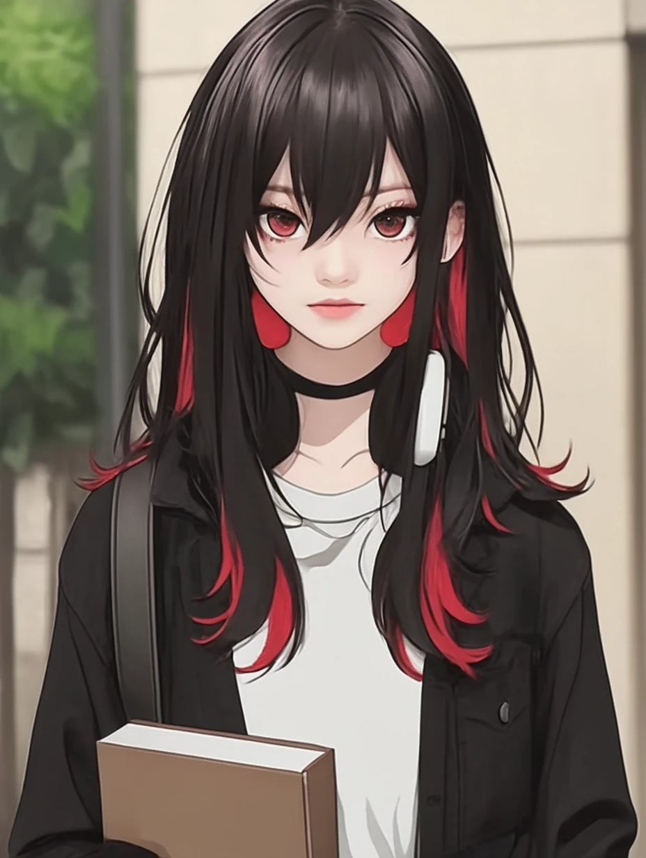 Tokyo Revengers screenshot. 16 year old girl, long straight black hair with red and white highlights and bangs. White skin color, She has red eyes and has a serious expression, while she held a book in her hand. She is dressed in a black trench and baggy jeans, and she is wearing headphones. She is standing in an alley at day. Tokyo Revengers drawing style.