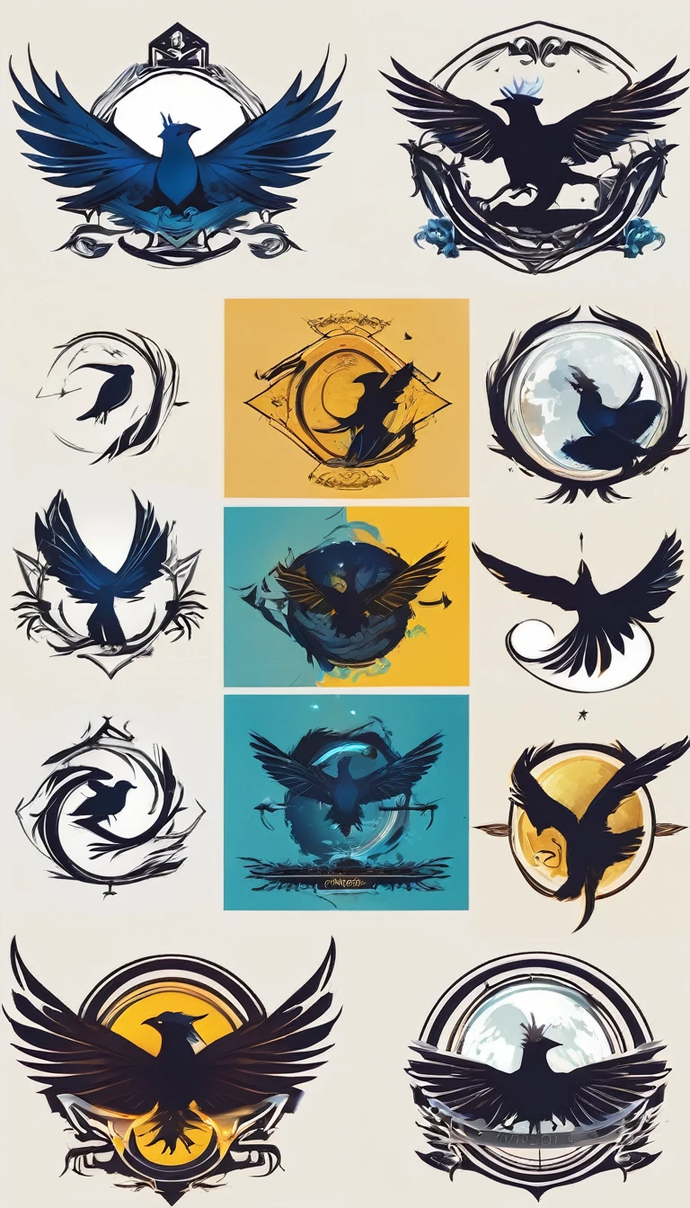Create a minimalistic, simple, fantastic, easy to understand, logo design for an upcoming Fantasy Role Playing Game called " Penamemoria". The game is about a world full of bird and feathers. A boy enters that world and discovers his true artistic identity. Create a logo design that transmits the essence of this videogame. It´s a fantasy game, with fantasy elements. Create the logo in the center and a fantasy theme as background. Use the colours blue, white, yellow in the logo. The logo design must convey a sense of fantasy, dreams and music. Must convey a feeling of being a true Dreamer