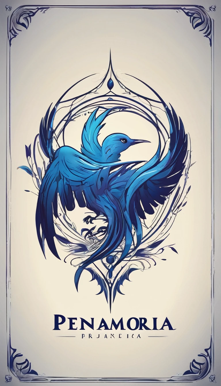 Create a minimalistic, simple, fantastic, easy to understand, logo design for an upcoming Fantasy Role Playing Game called " Penamemoria". The game is about a world full of bird and feathers. A boy enters that world and discovers his true artistic identity. Create a logo design that transmits the essence of this videogame. It´s a fantasy game, with fantasy elements. Create the logo in the center and a fantasy theme as background. Use the colours blue, white, yellow in the logo. The logo design must convey a sense of fantasy, dreams and music. Must convey a feeling of being a true Dreamer
