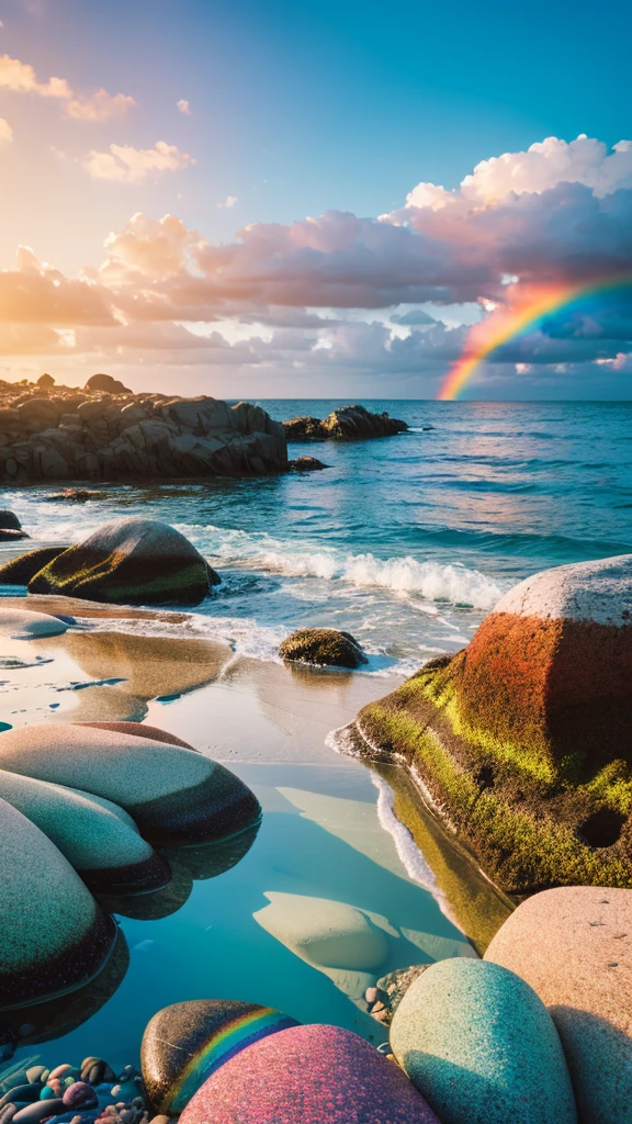 there is a rainbow in the sky over a beach with rocks and pebbles, an illustration of by Igor Grabar, trending on shutterstock, fine art, seashore, magical beach, sunny rainbow galaxy stormy sea, colorful hd picure, near the seashore, rainbow reflections, just one rainbow 8 k, beach landscape, still of rainbow ophanim, calm vivid colors