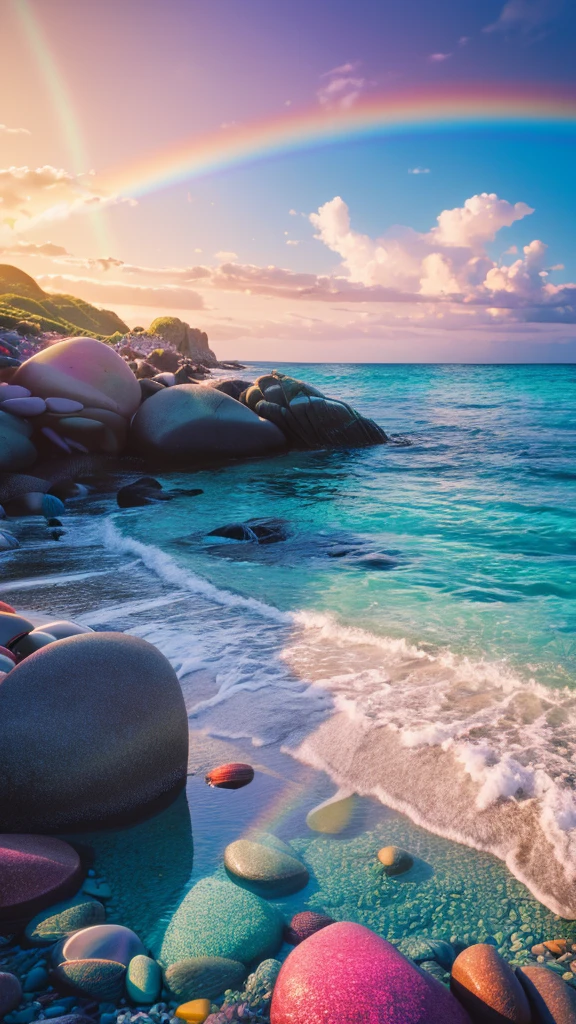there is a rainbow in the sky over a beach with rocks and pebbles, an illustration of by Igor Grabar, trending on shutterstock, fine art, seashore, magical beach, sunny rainbow galaxy stormy sea, colorful hd picure, near the seashore, rainbow reflections, just one rainbow 8 k, beach landscape, still of rainbow ophanim, calm vivid colors