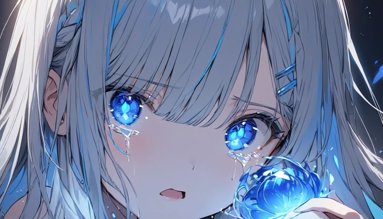 Resolution full, fireball,  nude, only eyes, only showing eyes, focus eyes, focus at girl eyes, just girl face, very accurate, best quality, masterpiece,  cinematic lighting, full HD, very sharpener, best art, very accurate, beautiful girl, pretty girl, cute girl, young girl, medium breast, The girl's hand holding blue fireball, open mouth, top body, (grey hair), long hair, Braid hair, ahoge hair, straight hair, straight hair bangs, beautiful hair and bangs hair, grey hair, hair clip, hair ribbon, Tears, crying, (bright blue eyes, glowing blue, eyes, detailed beautiful blue eyes), glowing blue tattoo at girl face, glowing blue tatto at girl face, hands girl holding fireball