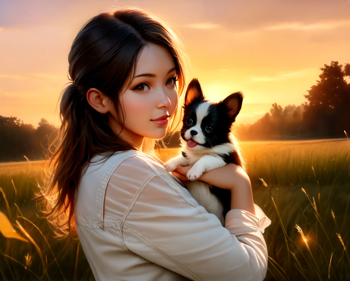 SLR, masterpieces, Real, Photography, Portrait of beautiful woman with her cute papillon puppy dog in the field at sunset, wearing white shirt and jeans, photo realistic