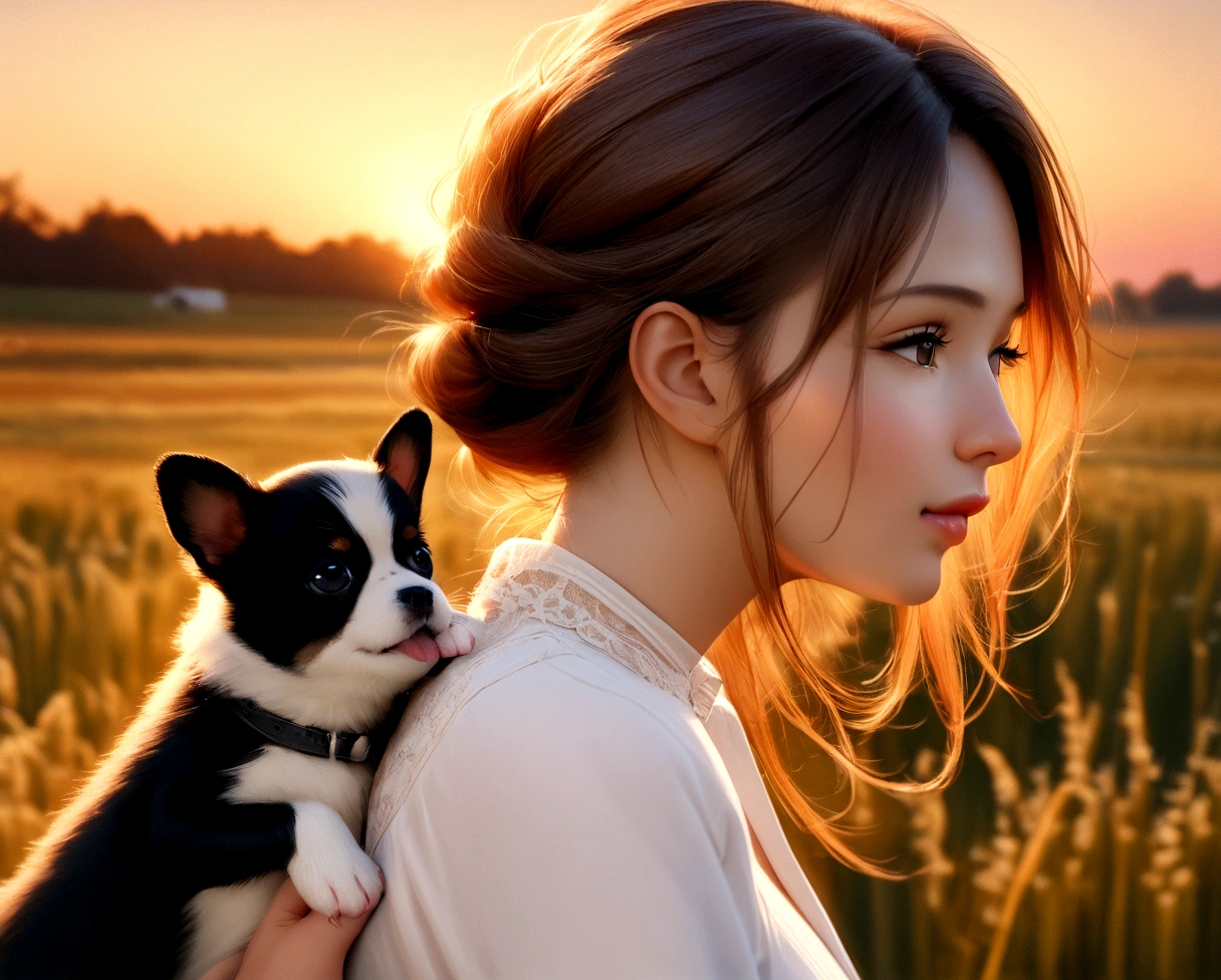 SLR, masterpieces, Real, Photography, Portrait of beautiful woman with her cute papillon puppy dog in the field at sunset, wearing white shirt and jeans, photo realistic