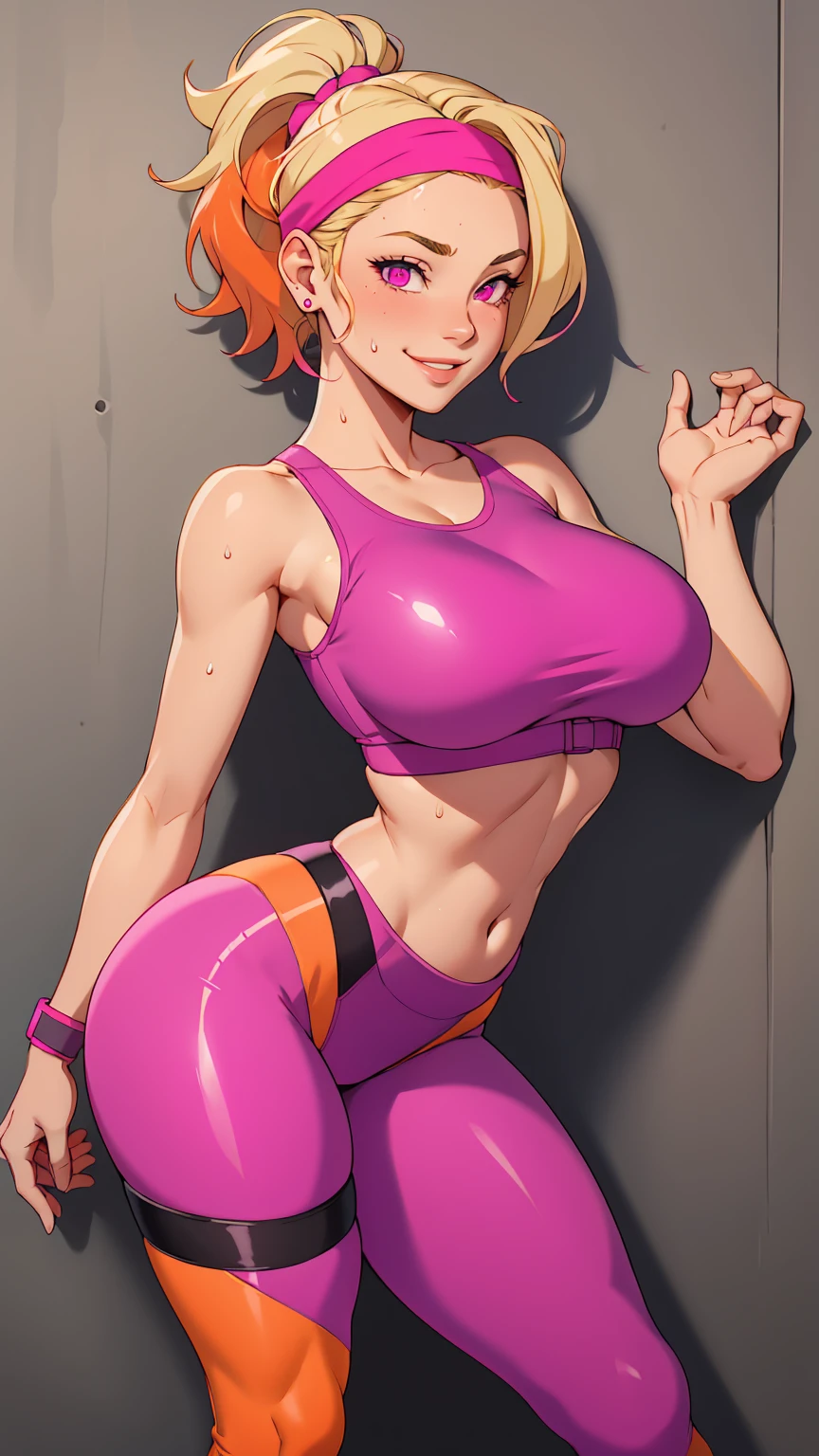 Young woman, smiling, wrapped headband, short blonde hair with magenta tips, tight strap crop top orange and magenta stripes, skin tight magenta yoga pants with orange line, magenta sneakers, leaning against wall, sexy athletic body, thick breast, sweat