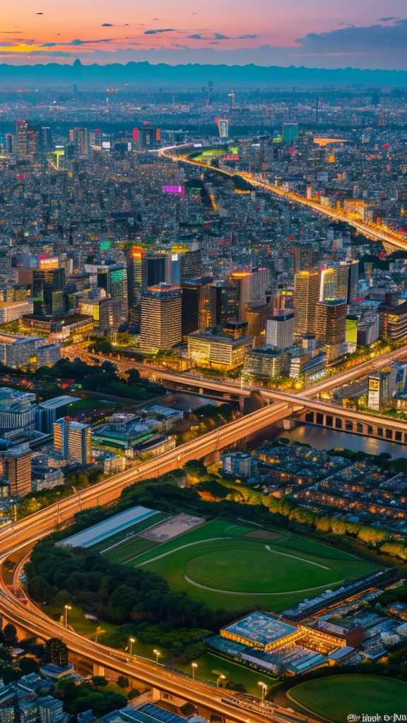 a view of a city with tall buildings and a green park, a picture by Naondo Nakamura, unsplash, sōsaku hanga, tokyo japan,    arafed view of a field of flowers with a sunset in the background, floral sunset, warm beautiful scene, beautiful sunrise, flowers sea everywhere, sunset warm spring, beautiful sunset, magnificent background, vibrant sunrise, beautiful sunset glow, breathtaking landscape, stunning sunset, field of flowers, at sunrise in springtime, sunset glow, beautiful sunrise lighting, flower field, sunset sunrise  tokyo city, tokyo city in the background, tokio, tokyo, japanese city, tokyo prefecture, new tokyo, aerial view of a city, tokyo in the background, bird's eye view of a city
