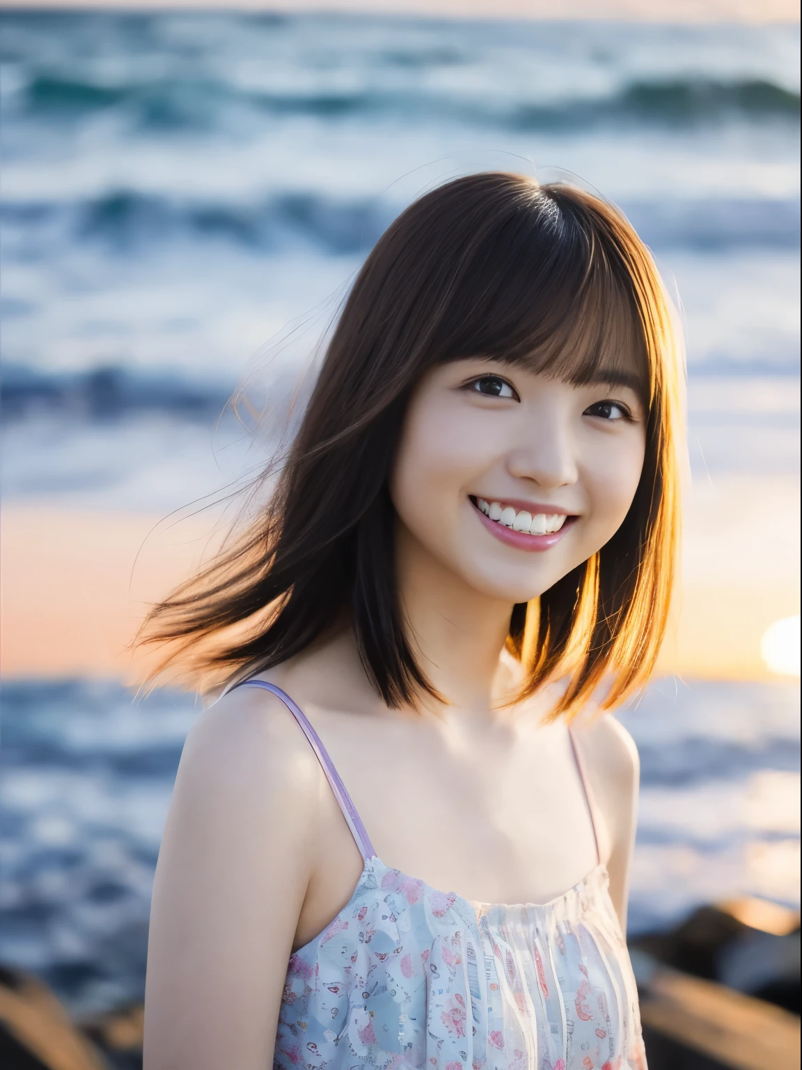 Only one girl、((perfect bodies)))、(masterpiece)、((top-quality))、(ultra-detailliert)、((extremely delicate and beautiful))、(((Very shallow depth of field)))、nffsw,(((incredibly absurdness)))、((perfect bodies)))、(((A dark-haired)))、(((short cut hair)))、(Okabo hair)、(((Looking at the camera)))、(((small tits)))、(((The best smile that makes you happy)))、Camisole dresare+Background with、dynamic ungle、female focus on、{Particles of light}、Meticulous background with、((paul hedley)))、Soft lighting、(Dramatic sunset)、Evening glow、Very beautiful sunset、Live action、realisitic、Angle from above、cute smile face、(the background is blurred)、28year old、being thin、((the wind))、(((movement)))、(((emotional)))、((colourfull))、((a baby face))、((Beautiful teeth)) 、f lare、sea the background of