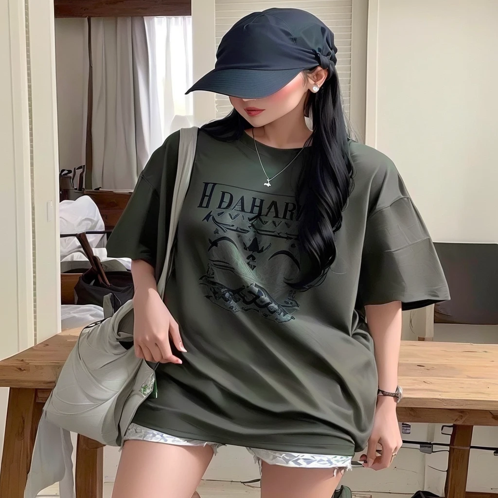 Arabian woman in hat and shirt standing in a room, Casual clothing style, ( ( Dark Green, 2020 Fashion, Short sleeve, Wear Fisherman's 🧥, Extra Large, cute casual Streetwear, korean female fashion model, Trends with r/Streetwear, she is wearing Streetwear, Dark Green, woman in Streetwear, young woman