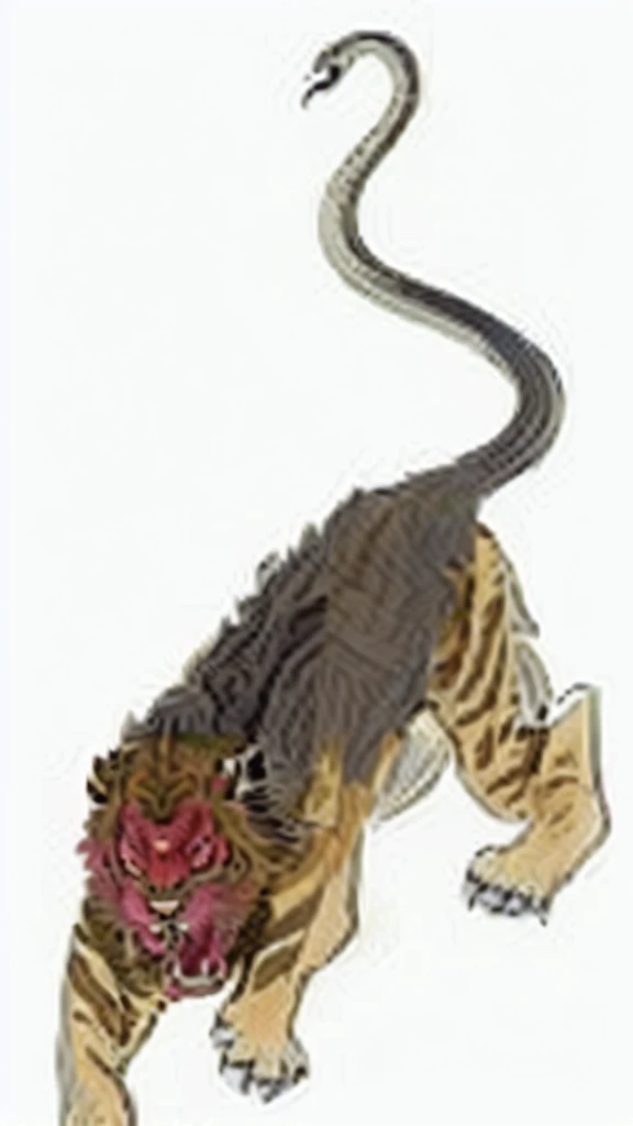 Close-up of a tiger carrying a snake on its back, Kano Tanyou, by Kyosai Kawanabe, Wukong, Manticore, Written by Zhongyuan Nantianfang, sun Wukong, Narasimha, inspired by Kyosai Kawanabe, by Renzaki Domoto