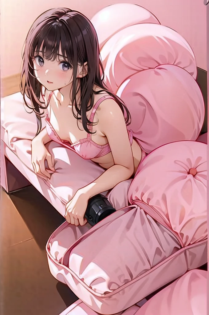 ((Small Breasts)),nsfw((,lying in bed),,((nsfw, 1boy and 1girl, vaginale, missionary))、One Woman、Highest quality、Very delicate and beautiful、I、(( ))、Japanese Girl、Primary schot bangs))、((Bangs))、Light-colored hair、Brown Hair、Short Bob、Cute face、Cute like an idol、Yellow Eyes、Are thin、Slim figure、Bright room、Sweat、Pink Bra、Pink Panties、