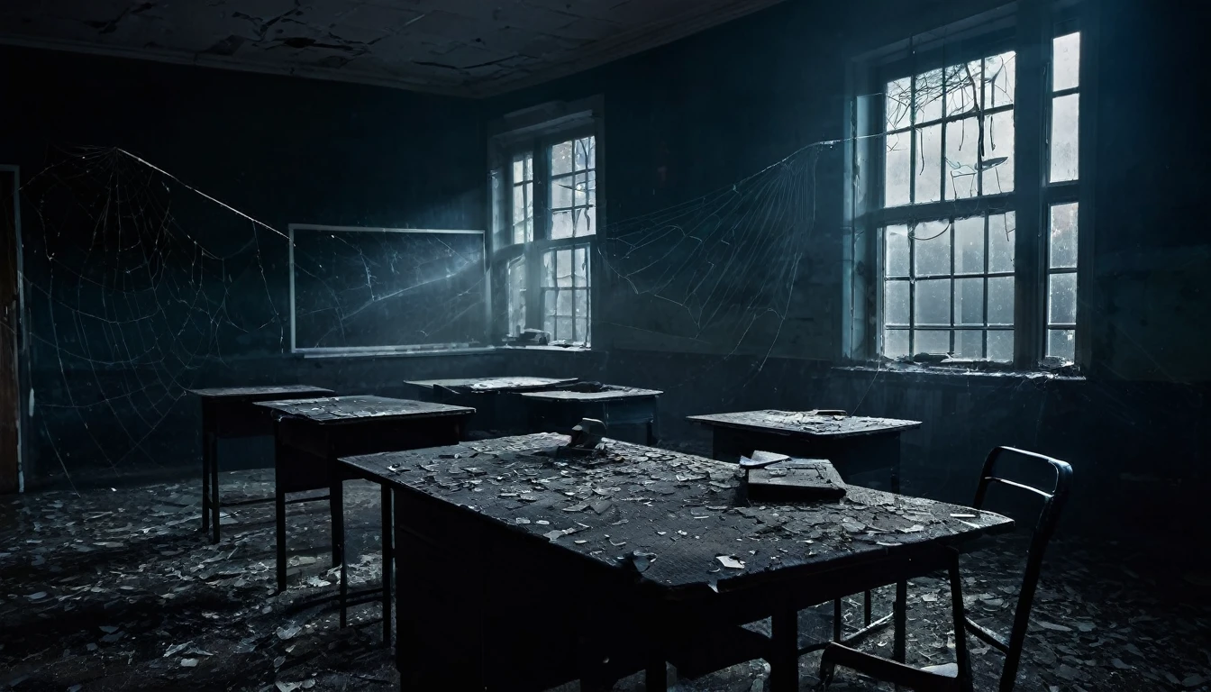Haunted classroom, broken windows, spiderweb, broken desk, everything disorganised, dust, nighttime, dark & scary environment