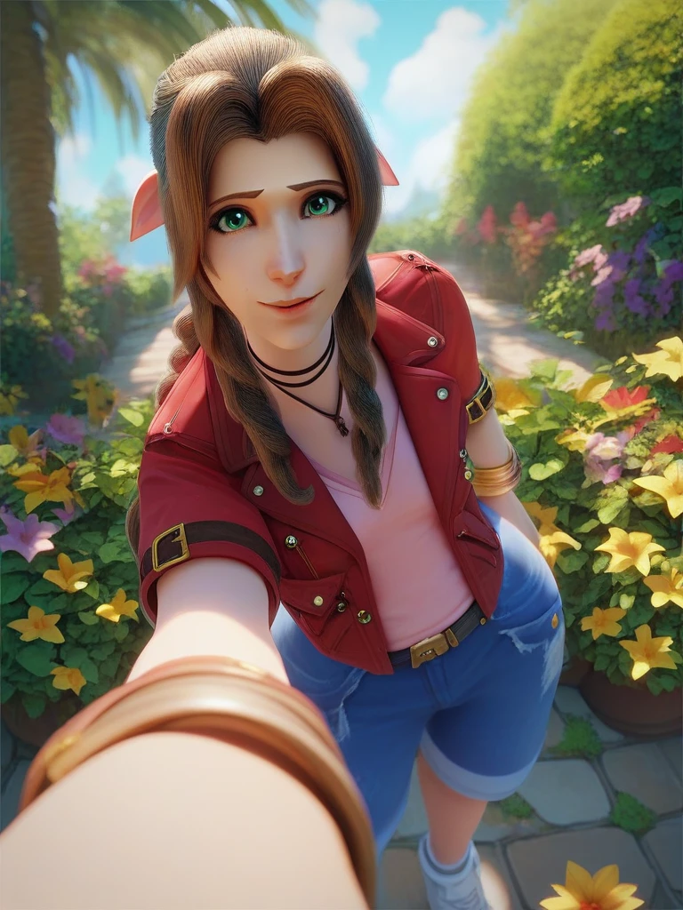 score_9, score_8_up, score_7_up,   solo, female,
 overwatch style,   standing,  pov,  garden,
Aerith Gainsboroug  from Final Fantasy