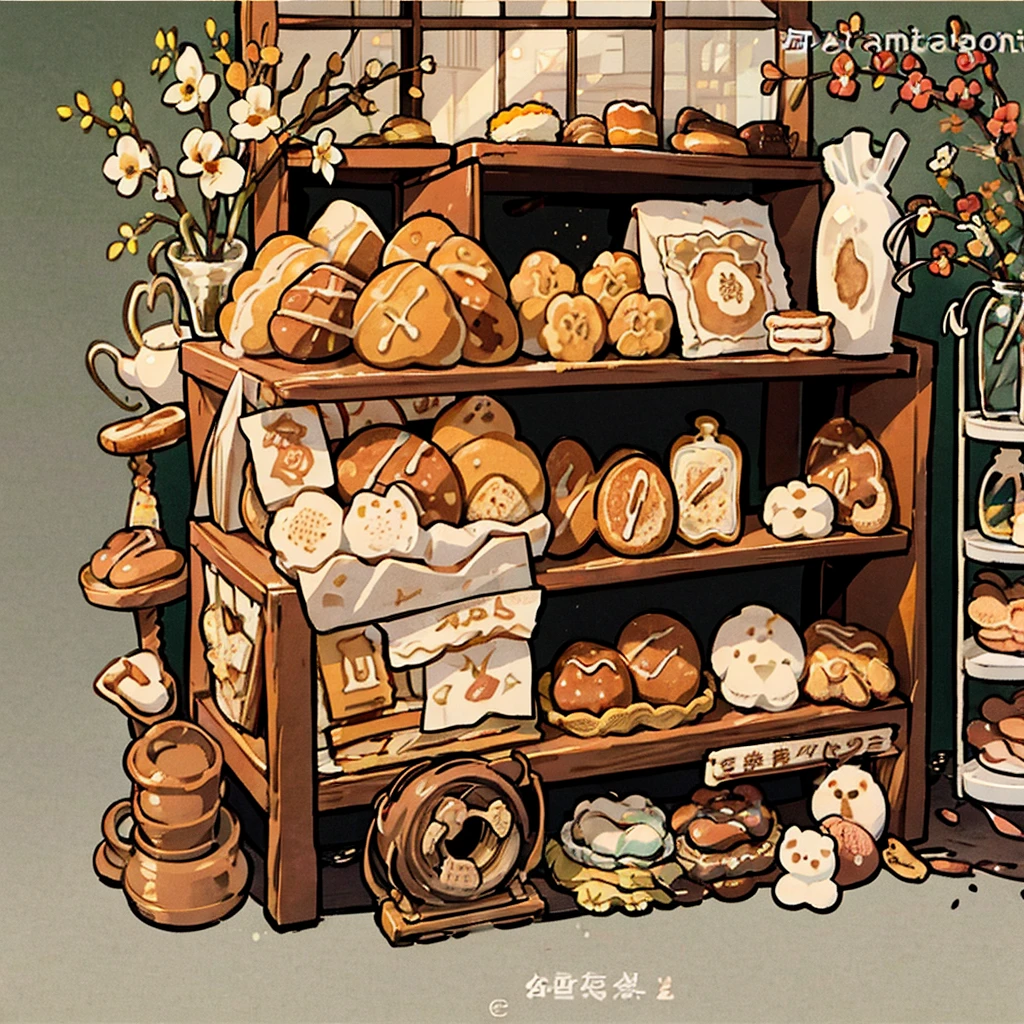 cute artstyle, brown bakery, milky, brown bread, bakery shop, theme, bread & cookies, white bread, paper bag filled with lots of bread , food menu list