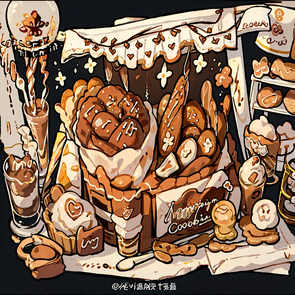 cute artstyle, brown bakery, milky, brown bread, bakery shop, theme, bread & cookies, white bread, paper bag filled with lots of bread , food menu list