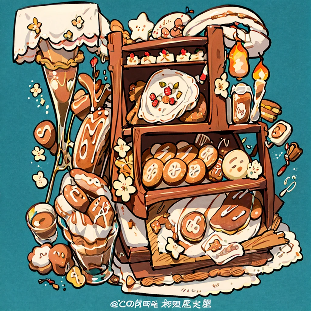 cute artstyle, brown bakery, milky, brown bread, bakery shop, theme, bread & cookies, white bread, paper bag filled with lots of bread , food menu list