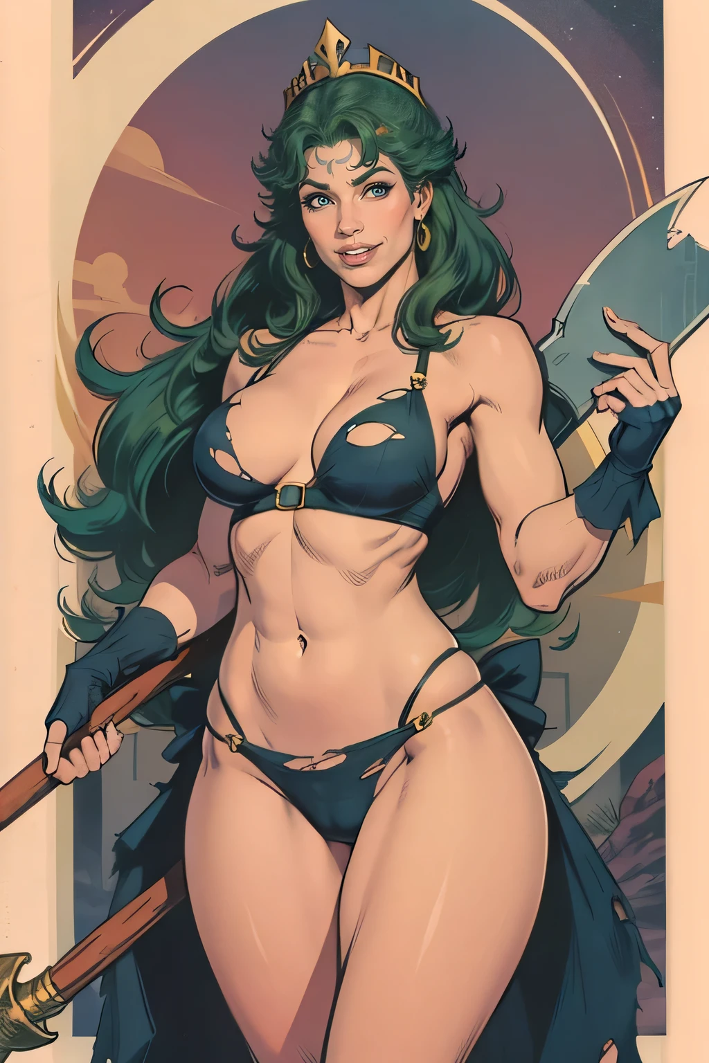 1girl, long hair, gloves, holding, weapon, green hair, teeth, fingerless gloves, torn clothes, 4koma, parody, tiara, slim smile, axe, holding axe, panty