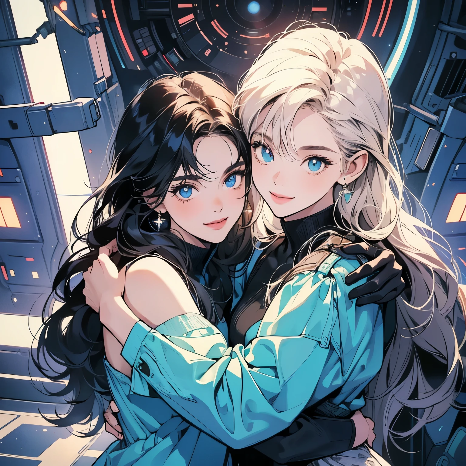 (((beautiful "Two women" leaning against each other))), inside a spaceship, perfect machine, perfect face, zero gravity, outer space, lots of wires, switchboard, perfect and detailed machine, detailed hair, (((Various angles))), most beautiful woman, (((head shot))) , Super detailed background, top quality,Various unique hairstyles, Ghost in the Shell, Outer space in the background, Unique and perfect face, Pale Lighting, (((Various eye colors))),(((hug from behind)), smile
