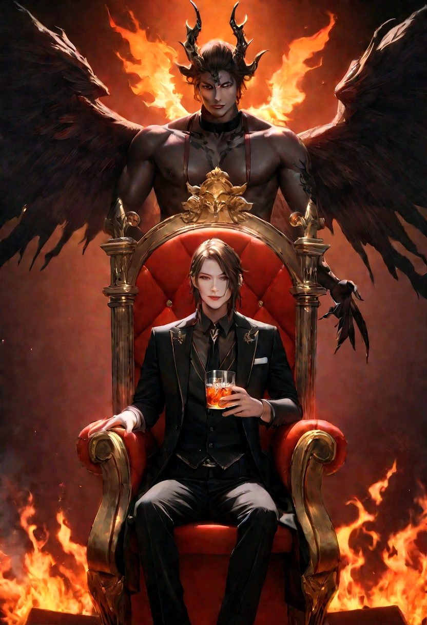 (8K, Best Quality, masutepiece:), Lucifer Morningstar, brunette male english male angel, mischievous grin, Fiery wings, devil, Fallen Angel, Flames in the background, Details, Dark suit, Club Theme, 1:1 Ratio, Sit on the throne and drink whiskey, Details, Realistic