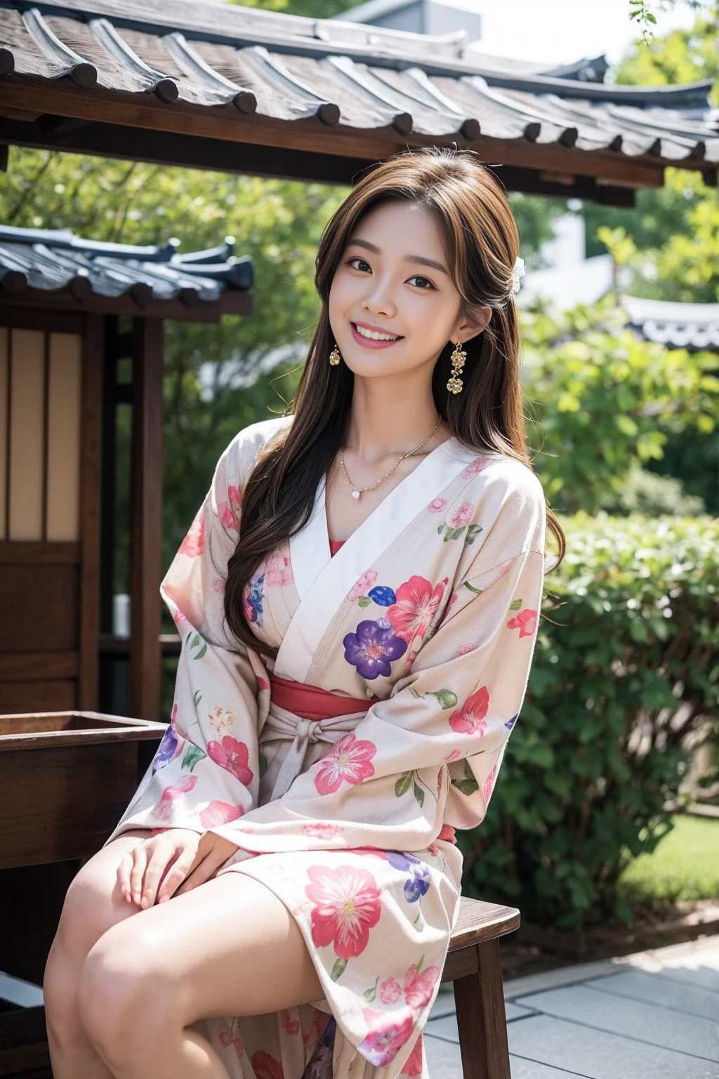 Highest quality,8K, Detailed facial depiction, Detailed description of the eyes,One Woman, Light brown hair(Medium-long hair),Beautiful Japanese Girl,24-years-old,Cute eyes,Cute Smile,Yukata beauty,Brown plain yukata,Slender body, Large, plump breast size, Long and beautiful legs,Smiling, Colorful earrings,necklace,Are standing,Beautiful nape,Japanese Summer Festivals,There are food stalls