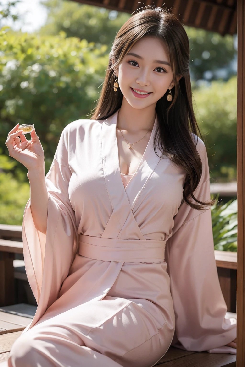 Highest quality,8K, Detailed facial depiction, Detailed description of the eyes,One Woman, Light brown hair(Medium-long hair),Beautiful Japanese Girl,24-years-old,Cute eyes,Cute Smile,Yukata beauty,Brown plain yukata,Slender body, Large, plump breast size, Long and beautiful legs,Smiling, Colorful earrings,necklace,Are standing,Beautiful nape,Japanese Summer Festivals,There are food stalls