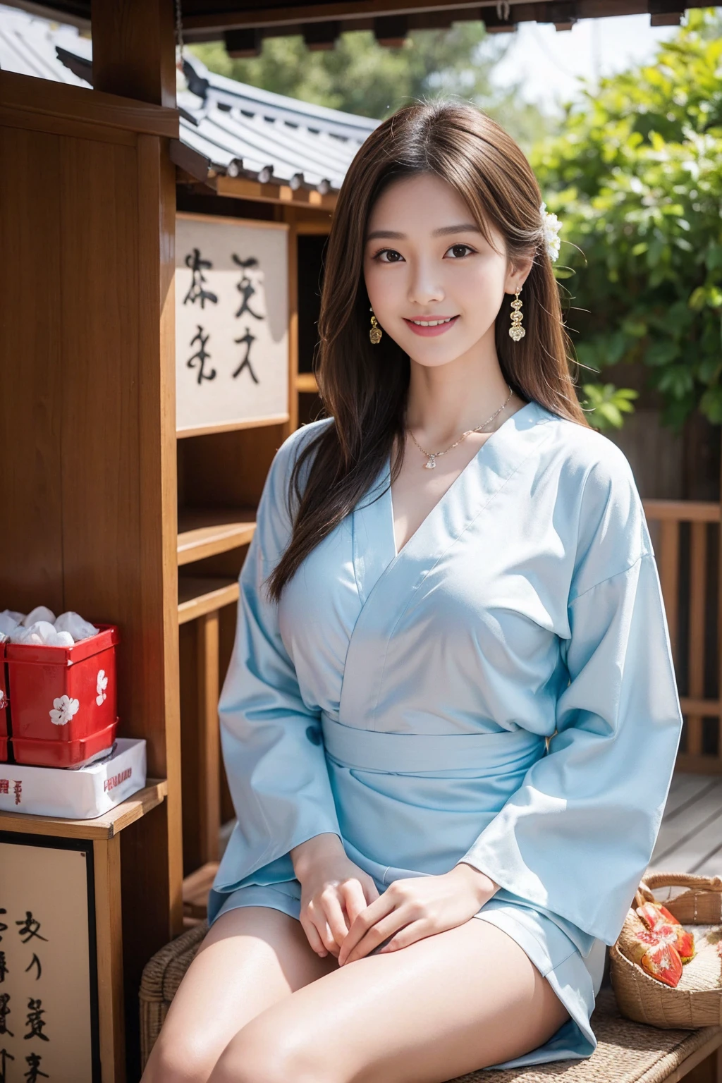 Highest quality,8K, Detailed facial depiction, Detailed description of the eyes,One Woman, Light brown hair(Medium-long hair),Beautiful Japanese Girl,24-years-old,Cute eyes,Cute Smile,Yukata beauty,Brown plain yukata,Slender body, Large, plump breast size, Long and beautiful legs,Smiling, Colorful earrings,necklace,Are standing,Beautiful nape,Japanese Summer Festivals,There are food stalls